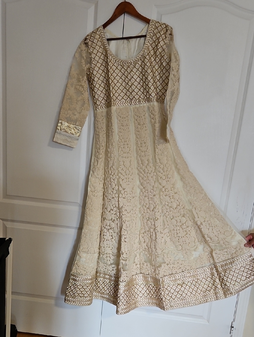 Ivory Lace Embroidered Anarkali Dress with Gold Accents